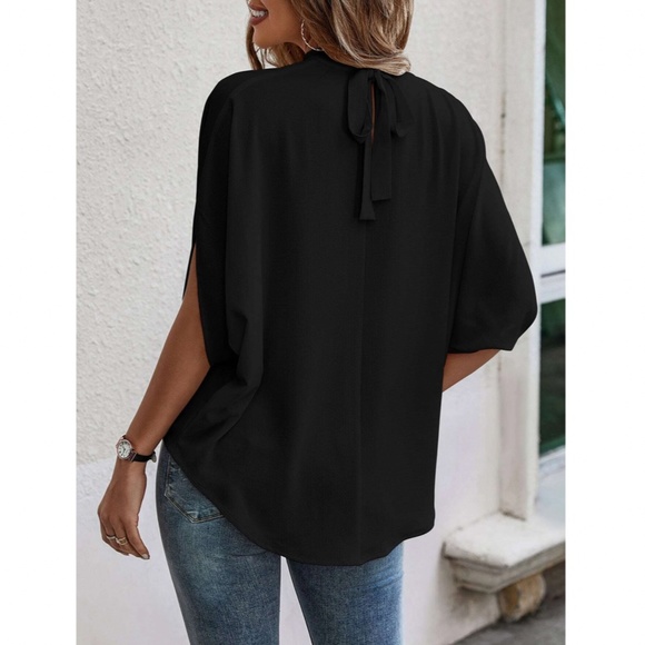 Black Blouse Top Flowy, High Neck - Picture 4 of 9